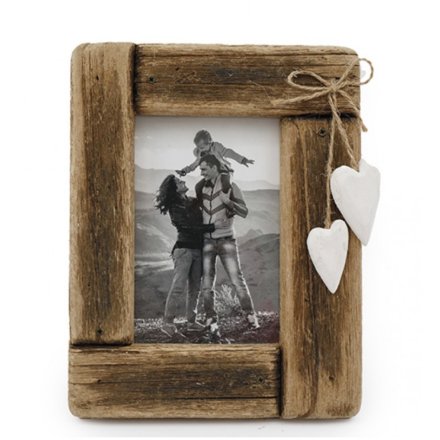 4x6 Rustic Driftwood Photo Frame with Hanging Hearts