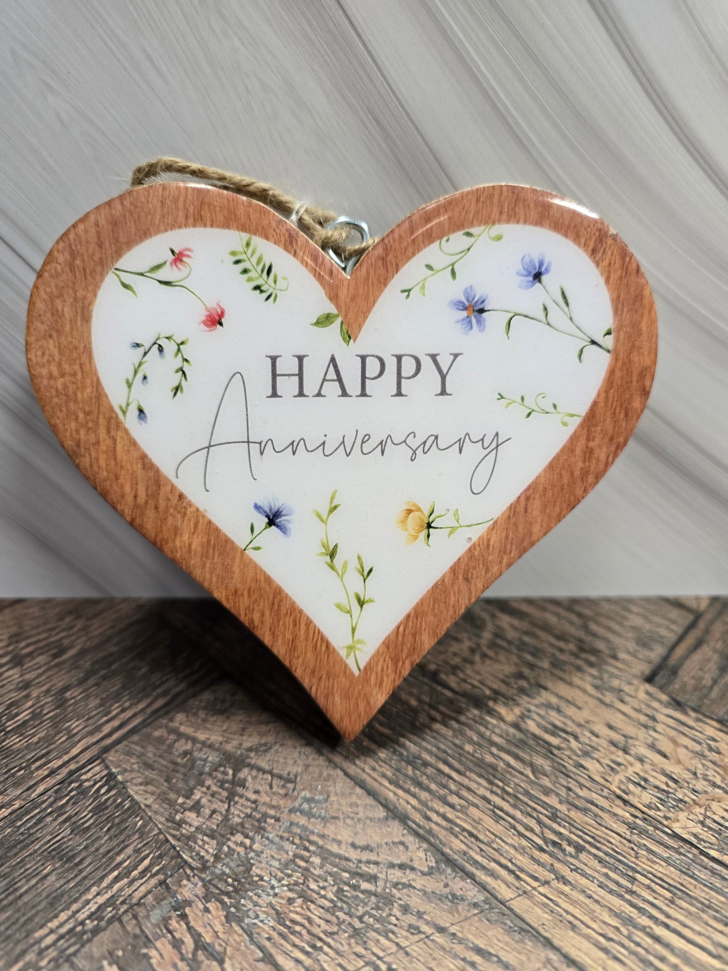"Happy Anniversary" Mango wood hanging heart