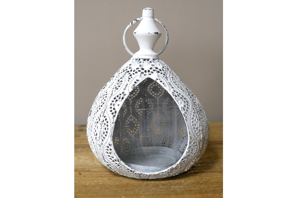 Distressed White Moroccan-Style Metal Candle Lantern