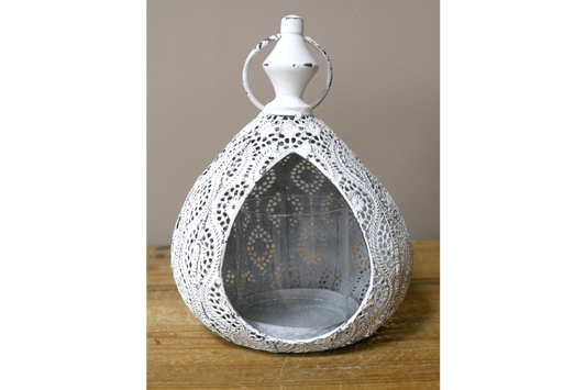 Distressed White Moroccan-Style Metal Candle Lantern