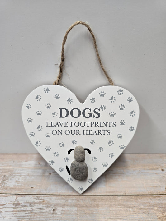 "Dogs leave footprints on our hearts" Wooden hanging heart