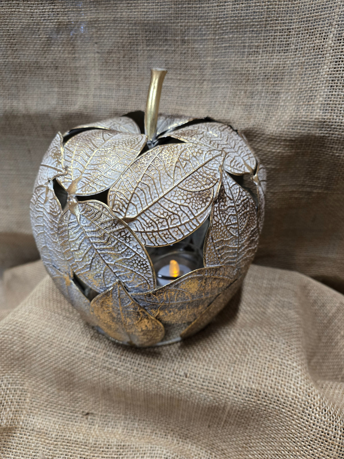 Antique Gold Cutout Leaf Apple Tea Light Holder Decor