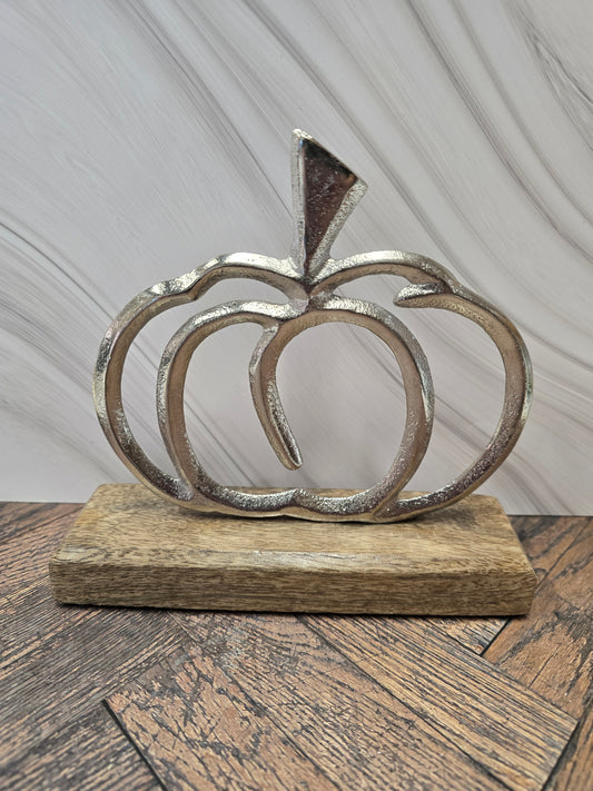 Silver Metal Pumpkin on Mango Wood Base Decor