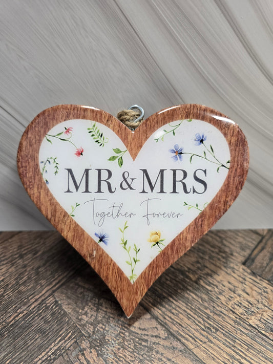 "Mr & Mrs Together Forever" Chunky Mango Wood Hanging Heart