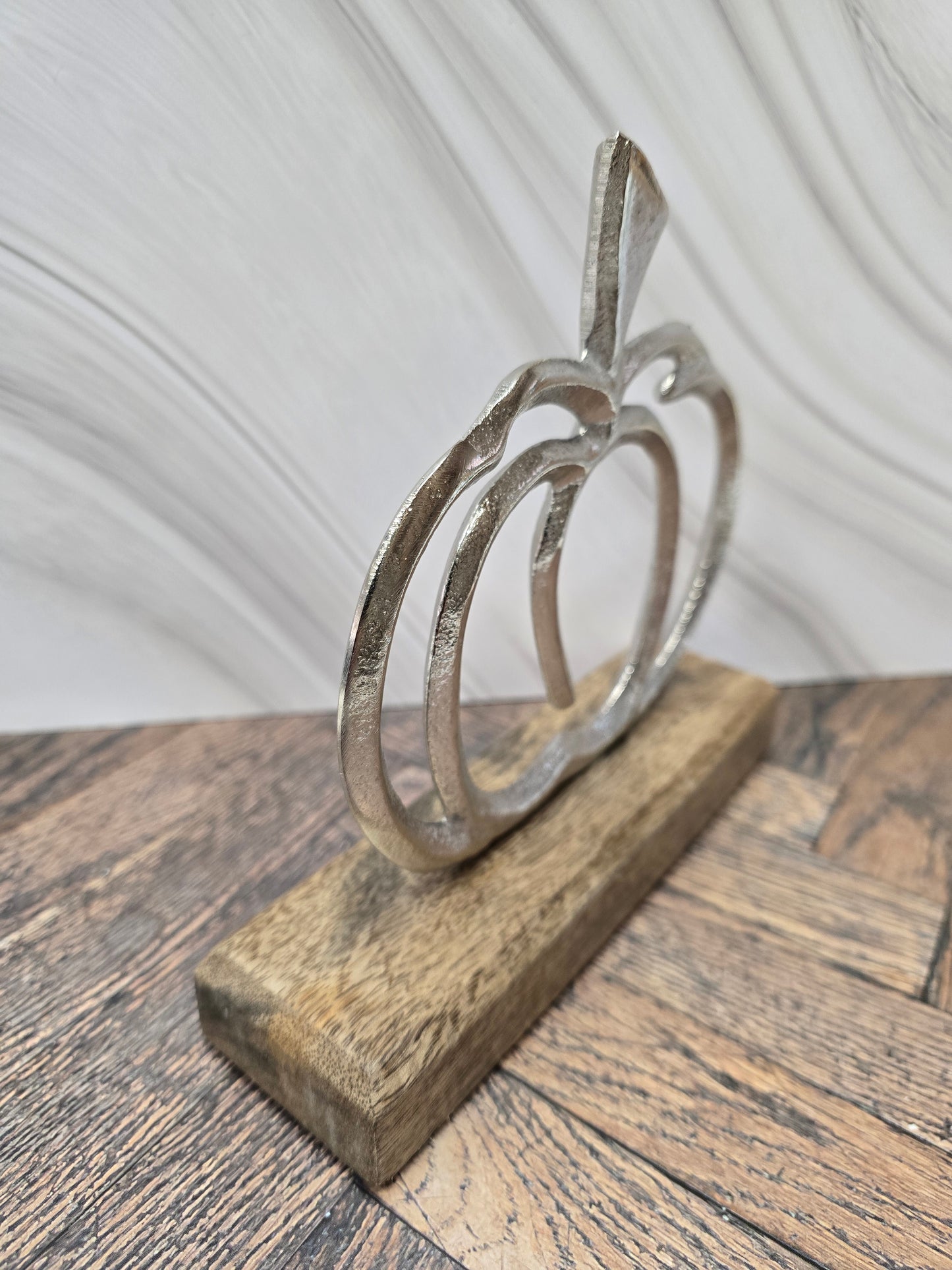 Silver Metal Pumpkin on Mango Wood Base Decor