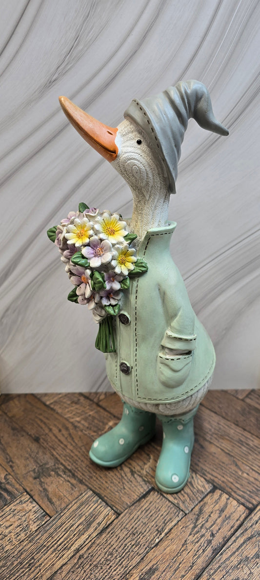Standing Green Coat Duck with Flower Bouquet