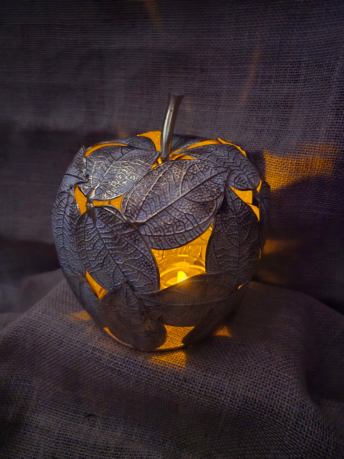 Antique Gold Cutout Leaf Apple Tea Light Holder Decor