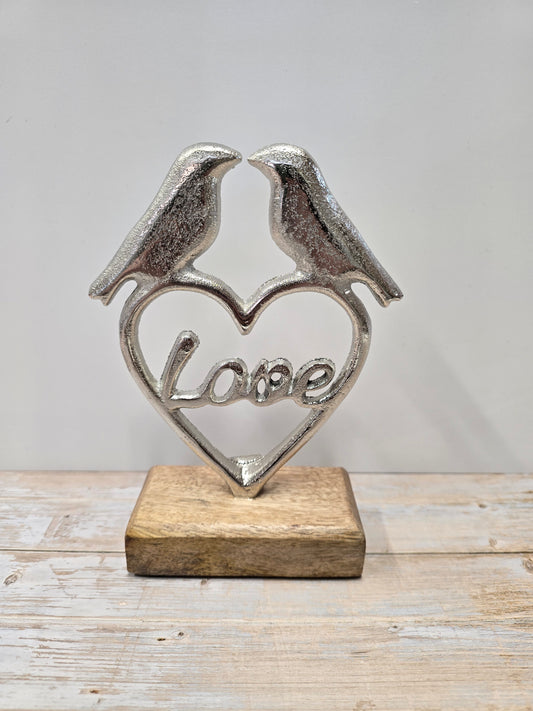 Aluminium Love Birds on wooden base