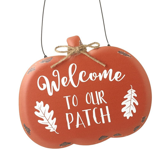 Welcome to Our Patch Hanging Pumpkin Sign
