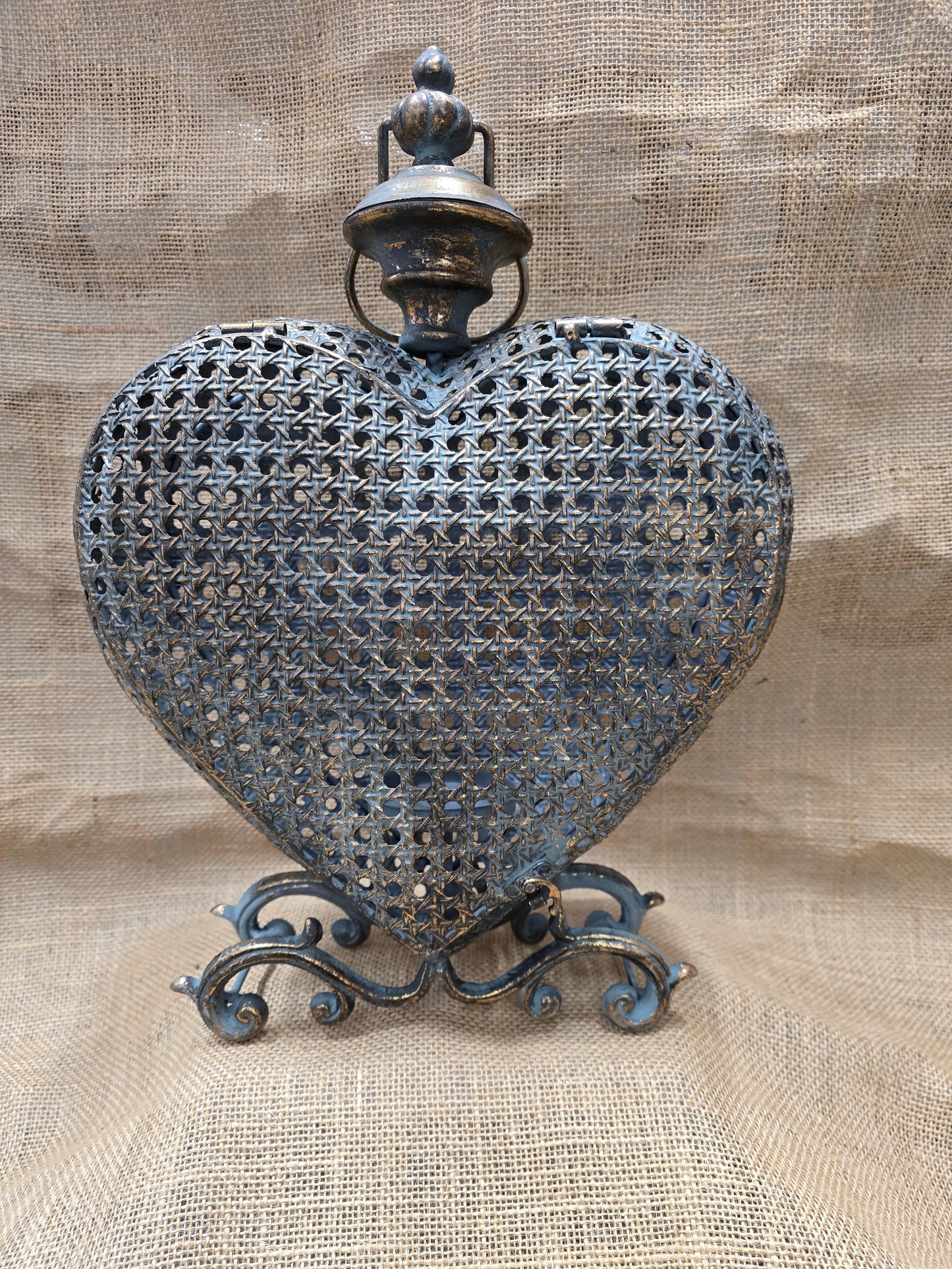 Heart-Shaped Vintage Metal Lantern with Scrollwork Stand  Candle Holder