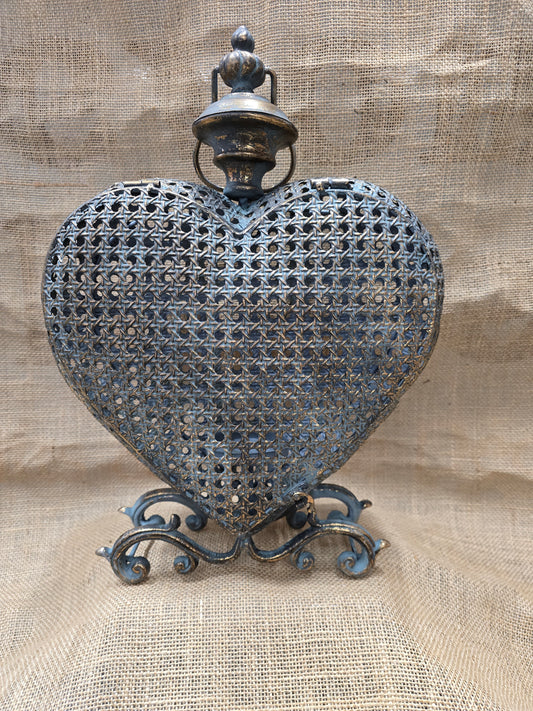 Heart-Shaped Vintage Metal Lantern with Scrollwork Stand  Candle Holder